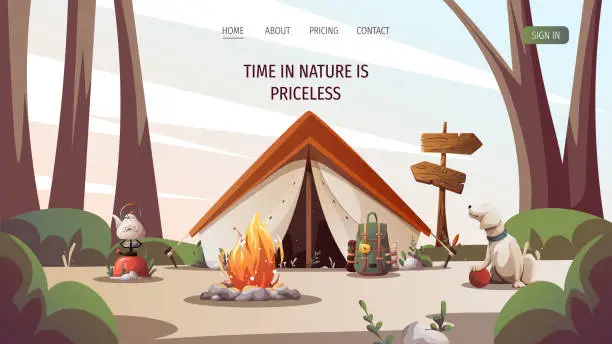 Vector illustration of Campsite with tent, campfire, backpack, gas-burner, dog in the forest. Camping, traveling, trip, hiking, camper, nature, journey concept.