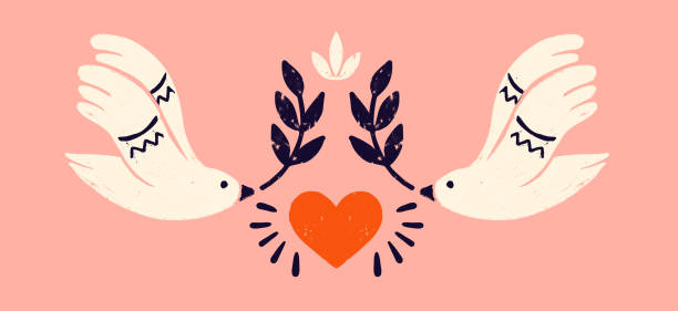 Dove with an olive branch, a symbol of peace. Symmetric composition with two white pigeons and in stamp style. Vintage vector illustration for banners and cards Dove with an olive branch, a symbol of peace. Symmetric composition with two white pigeons and in stamp style. Vintage vector illustration for banners and cards dove earth globe symbols of peace stock illustrations