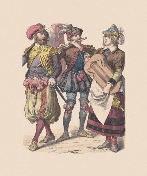 16th century, German costumes, hand-colored wood engraving, published ca. 1880 16th century, German costumes (about 1570): Flagbearer. Pipe player. Balladmonger (left to right). Hand colored wood engraving, published ca. 1880. hurdy gurdy stock illustrations