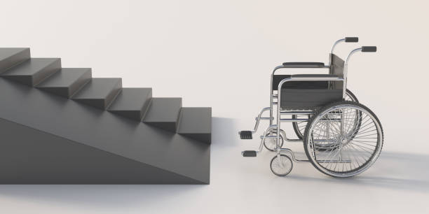 istock Empty wheel chair infront of a staircase with a ramp, accessibility for disabled and handicapped concept. 3d illustration 1329558714
