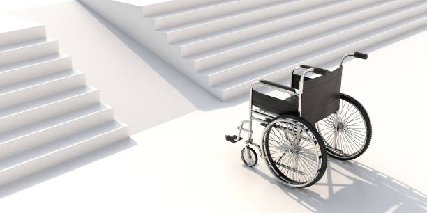 istock Empty wheel chair infront of a staircase with a ramp, accessibility for disabled and handicapped concept. 3d illustration 1329558720