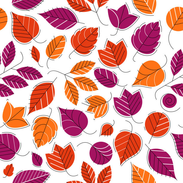 стильный мультфильм осенние листья бесшовный векторный узор, бесконечные обои или текстильный образец с деревом цветочной, красной осенне - autumn backgrounds biology botany stock illustrations