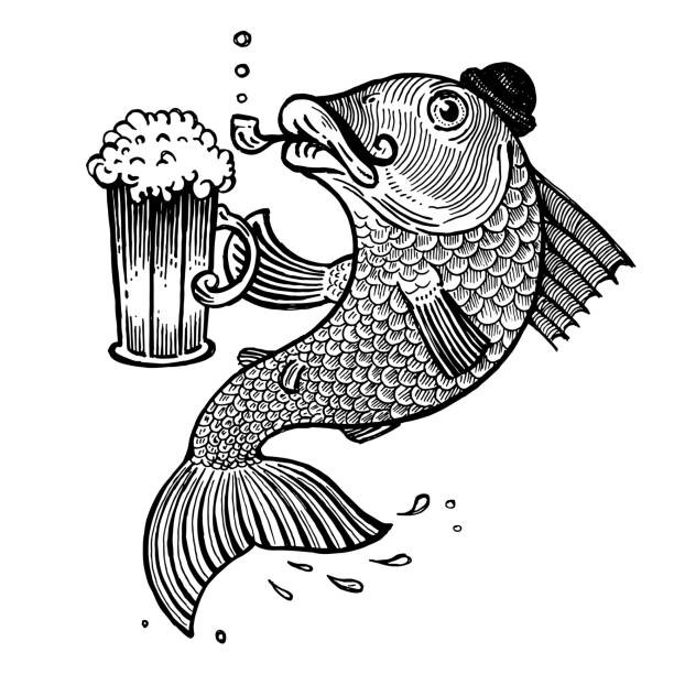 ilustrações de stock, clip art, desenhos animados e ícones de fish with a beer mug, vector illustration. collection of fish. - friends drink