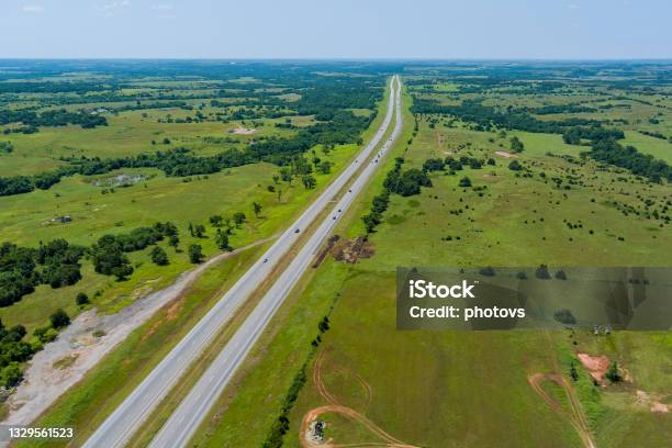 Aerial View Panorama Of Original The Historic Route 66 Roadbed Near Clinton Oklahoma Stock Photo - Download Image Now