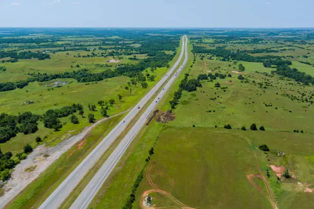 Aerial view panorama of original the historic Route 66 roadbed near Clinton Oklahoma its Route 66 designation in 1926