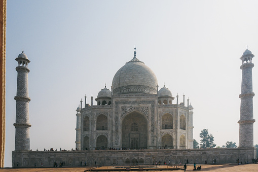 Taj Mahal, Agra, India, August 18, 2011: Marble mausoleum with its four minarets. Taj Mahal