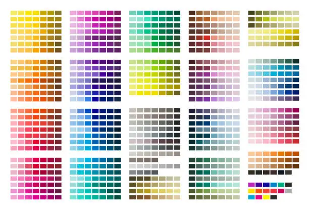 Vector illustration of Color Palette. Color Chart. Print Test Page. Color Codes. RGB, HEX HTML, CMYK. Vector color