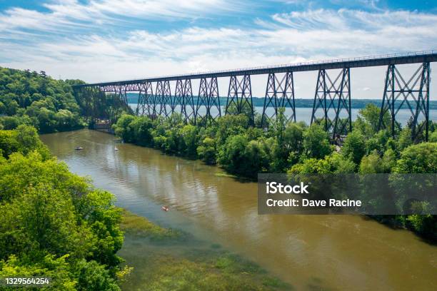 Train Bridge Over A River In Canada From Drone Stock Photo - Download Image Now - 4K Resolution, Above, Aerial View