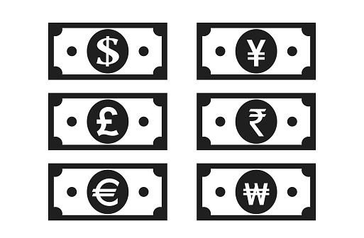 currency banknotes icon. dollar, euro, british pound sterling, japanese yen, indian rupee and korean won money symbol. financial design elements