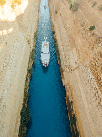 Vertical view of a ship going through the Corinth canal in Greece. Communications concept