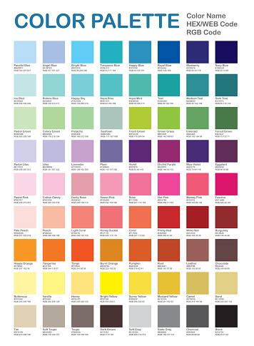 Color Palette - Popular Colors. Color Chart. Patterns and Names. RGB, HEX HTML. Vector color
