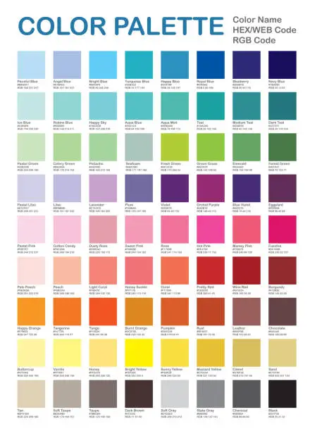 Vector illustration of Color Palette - Popular Colors. Color Chart. Patterns and Names. RGB, HEX HTML. Vector color