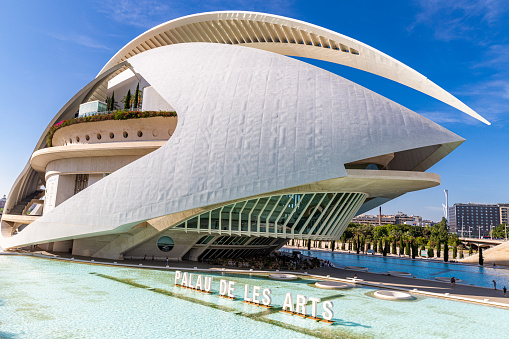 July 2021. Valencia, Spain. A masterpiece of modern architecture by Santiago Calatrava. Bright daylight. Deep blue sky.