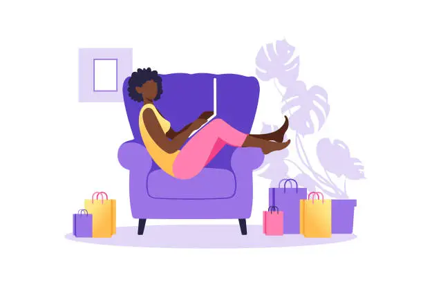 Vector illustration of African american woman shopping online on laptop. Vector illustration. Online store payment. Bank credit cards. Digital pay technology. E-paying. Flat style modern vector illustration.