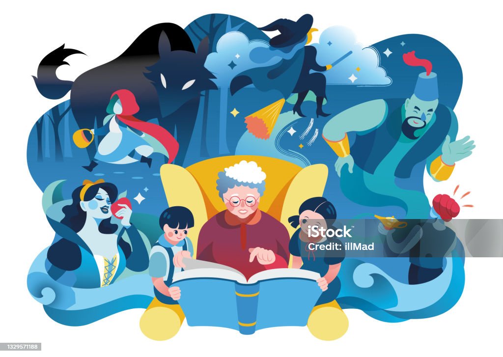 Бабушка читает сказки внукам, читает и рассказывает сказки, дети слушают, как их бабушка рассказывает историю, векторная иллюстрация - Векторная графика Белоснежка роялти-фри Бабушка читает сказки внукам, читает и рассказывает сказки, дети слушают, как их бабушка рассказывает историю, векторная иллюстрация - Векторная графика Белоснежка роялти-фри
