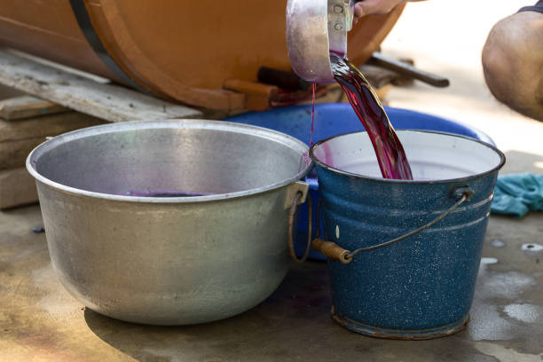 istock Winepress with red must and helical screw. Winemaker's hands close up. 1329572810