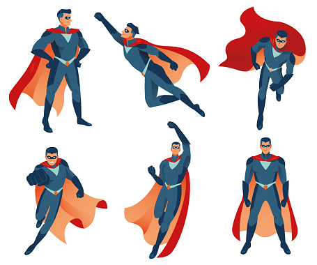 Superhero actions icon set in cartoon colored style different poses vector illustration. Set superhero vector male character action poses.