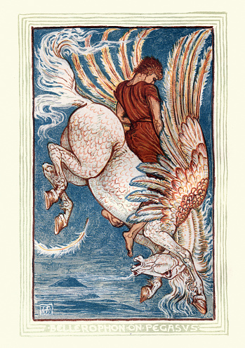 Vintage illustration of Bellerophon riding Pegasus, Ancient Greek Mythology, by Walter Crane. Bellerophon or Bellerophontes is a hero of Greek mythology. He was the greatest hero and slayer of monsters, alongside Cadmus and Perseus, before the days of Heracles and his greatest feat was killing the Chimera