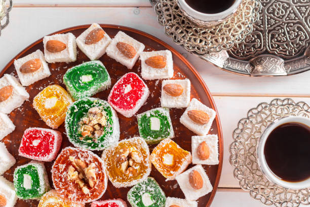 istock Turkish delight on a wooden table 1329576353