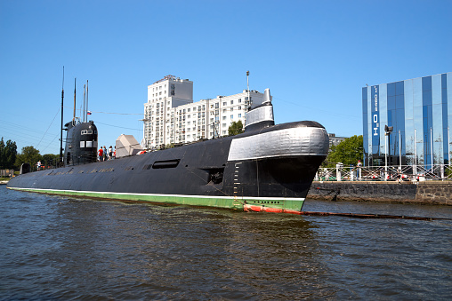 New York, NYC, USA-July 31 , 2023: U. S. S.submarine at museum pier 86 of Intrepid Sea, Air and Space museum in New York, docked on the Hudson River .