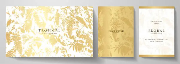 Vector illustration of Exotic gold invitation, cover design set. Floral background with golden tropical pattern of leaf (rainforest, jungle)