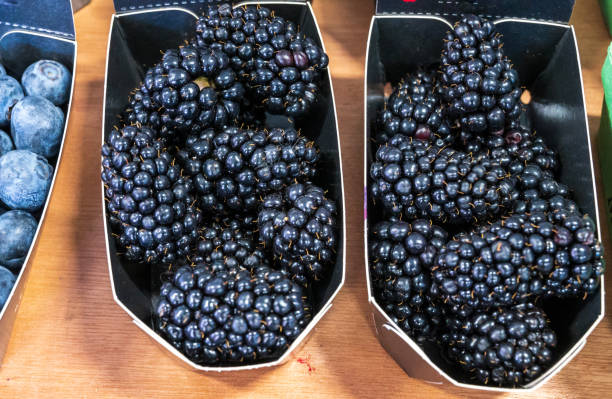 istock Fresh ripe black bramble blackberries in paper box 1329577576