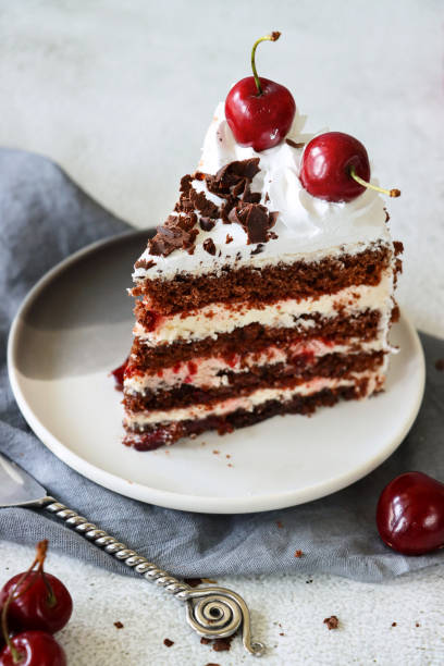 istock Image of Black Forest gateau slice, four cake layers separated by whipped cream, piped whipped cream rosettes with morello cherries, luxury chocolate cake frosted with whipped cream and covered with chocolate shavings, grey muslin, elevated view 1329587448