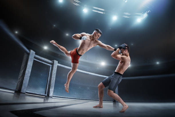 istock Punching fighters in the octagon. Hand kick. Sport action concept. 3D 1329587623