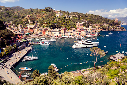 A famous harbour of Portofino, elevated view, Liguria, Italy, Europe