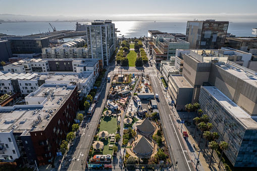 Aerial view of Sparks Social Park in  Mission Bay area of San Francisco. A local public space featuring food trucks and carts and a variety of food and drinks.