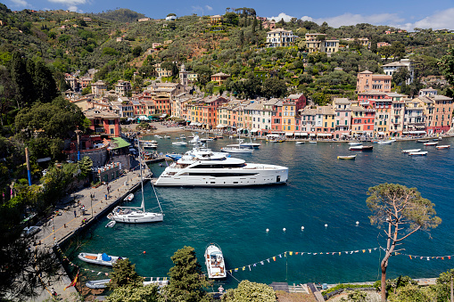 A famous harbour of Portofino, elevated view, Liguria, Italy, Europe