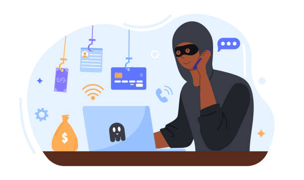Online crime concept Online crime concept. A masked fraudster calls his victim on the phone and asks for banking information. The criminal steals money. Cartoon flat vector illustration isolated on a white background synthetic identity theft stock illustrations