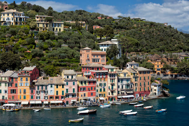 A famous harbour of Portofino, elevated view, Liguria, Italy, Europe