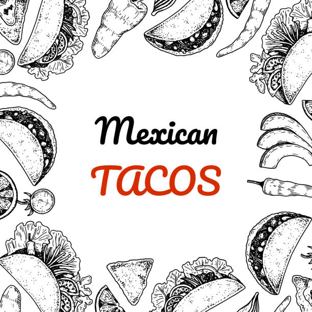 ilustraciones, imágenes clip art, dibujos animados e iconos de stock de diseño dibujado a mano de taco mexicano. ilustración vectorial en estilo de boceto - tacos