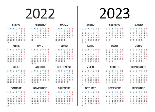 Spanish yearly calendar 2022 2023. Week starts on Monday. Vector Spanish yearly calendar 2022 2023. Week starts on Monday. Vector illustration 2023 2022 stock illustrations