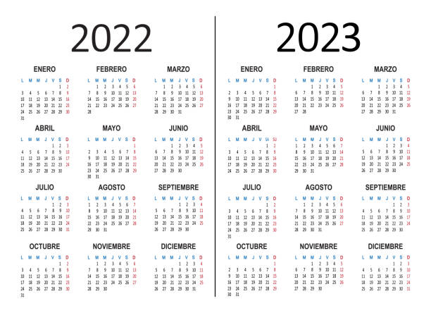 Spanish yearly calendar 2022 2023. Week starts on Monday. Vector Spanish yearly calendar 2022 2023. Week starts on Monday. Vector illustration january in spanish stock illustrations
