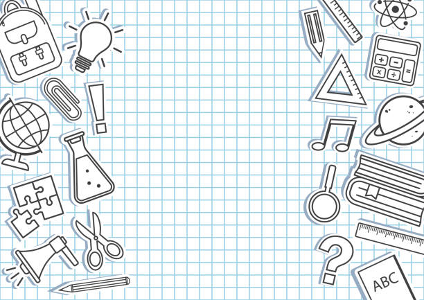 przybory szkolne graniczą na tle w kratkę. ramy edukacyjne. wektor - dzień nauczyciela stock illustrations