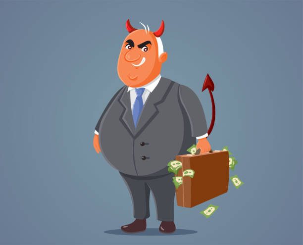 illustrations, cliparts, dessins animés et icônes de homme d’affaires diabolique maléfique tenant une mallette d’argent - greed