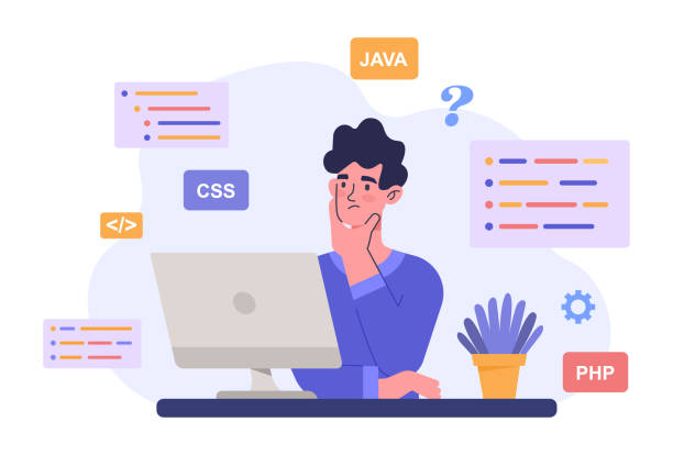 ilustrações, clipart, desenhos animados e ícones de conceito de codificação do programador - php