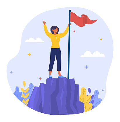 Successful businesswoman concept. The woman climbed the mountain. A metaphor for hard work and achieving your goals. Cartoon modern flat vector illustration isolated on a white background