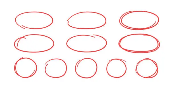 Vector illustration of Set of hand drawn red circles and ovals. Highlight circle frames. Ellipses in doodle style. Vector illustration isolated on white background