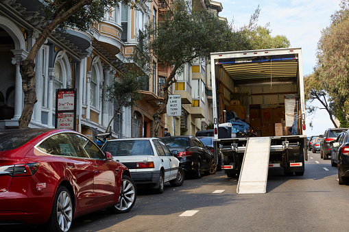 San Francisco, CA, USA - August 17, 2020. Image of a moving truck parked in San Francisco's Nob Hill neighborhood.