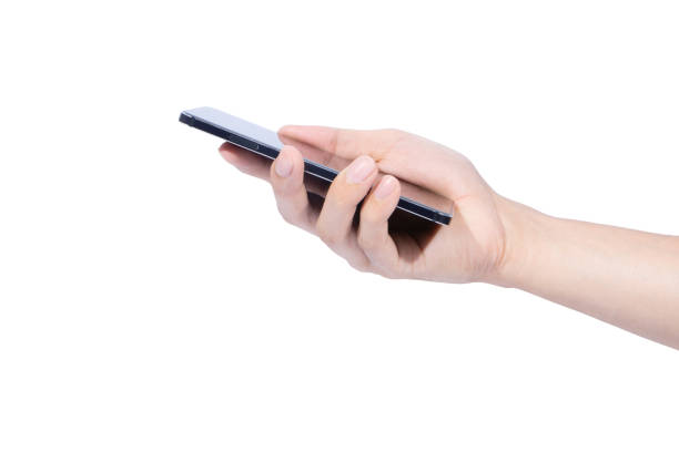A human hand holding a smartphone in a white background