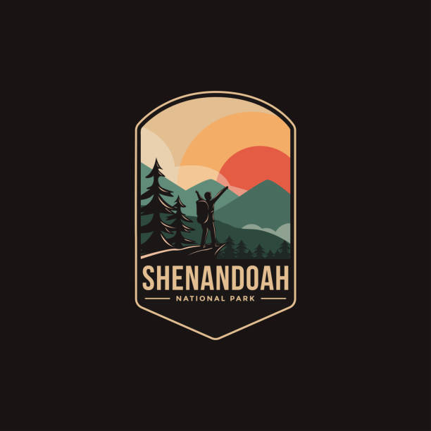 ilustraciones, imágenes clip art, dibujos animados e iconos de stock de ilustración del vector del remiendo del emblema del parque nacional de shenandoah en el fondo oscuro - blue ridge mountains