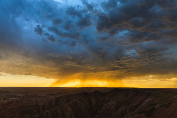 Vibrant sunrise over Panorama Point's beautiful geological rock formations in Badlands National Park in South Dakota USA