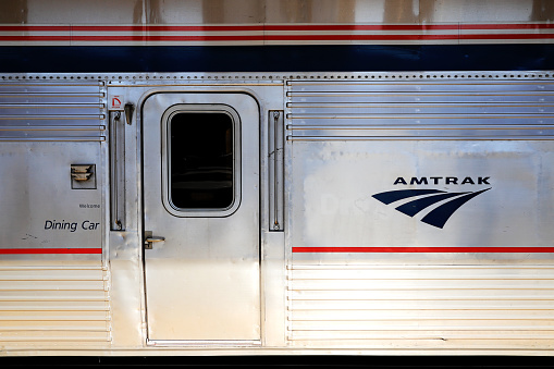 Los Angeles, California, USA - July 18, 2021: Amtrak Dinning Car Side View.