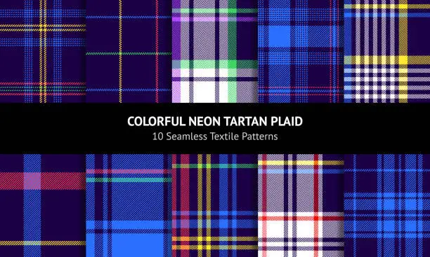 Vector illustration of Plaid pattern set. Colorful bright dark textured tartan checks for autumn winter flannel shirt, duvet cover, blanket, skirt, scarf, other modern fashion textile print. Seamless multicolored designs.