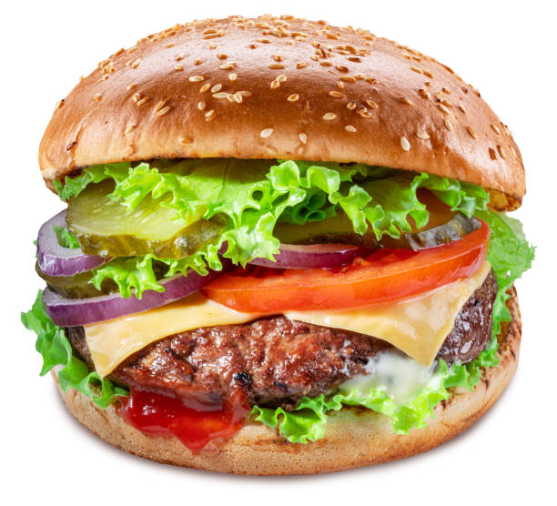 istock Delicious hamburger with beef cutlet, vegetables and onions isolated on a white background. Fast food concept. 1329621951