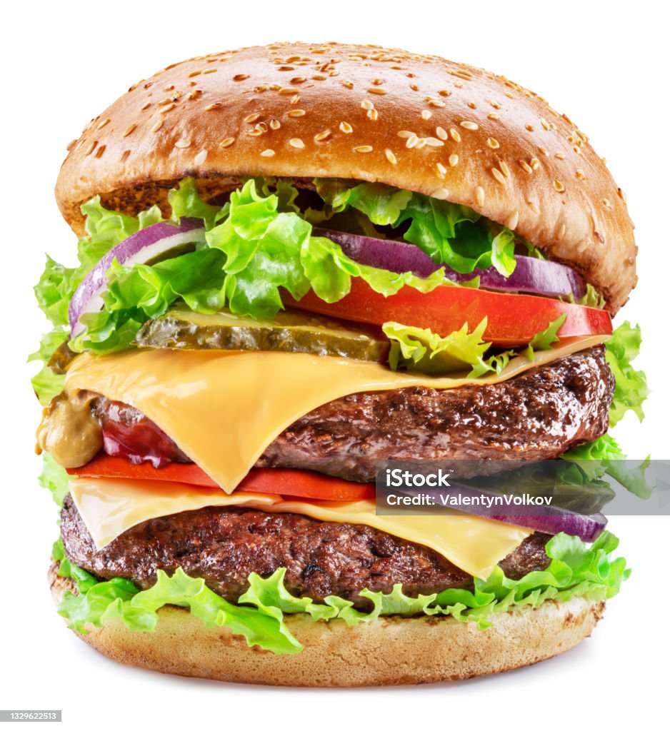 Delicious hamburger with beef cutlet, vegetables and onions isolated on a white background. Fast food concept. Burger Stock Photo