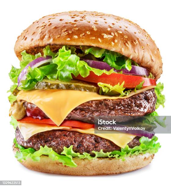 Delicious Hamburger With Beef Cutlet Vegetables And Onions Isolated On A White Background Fast Food Concept Stock Photo - Download Image Now